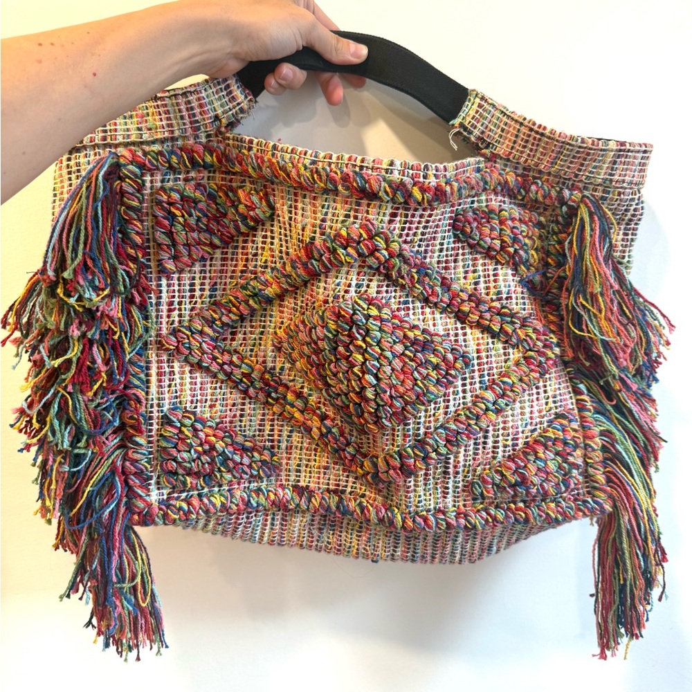 Vintage Handmade Multicolor Woven Fringe Tote Bag